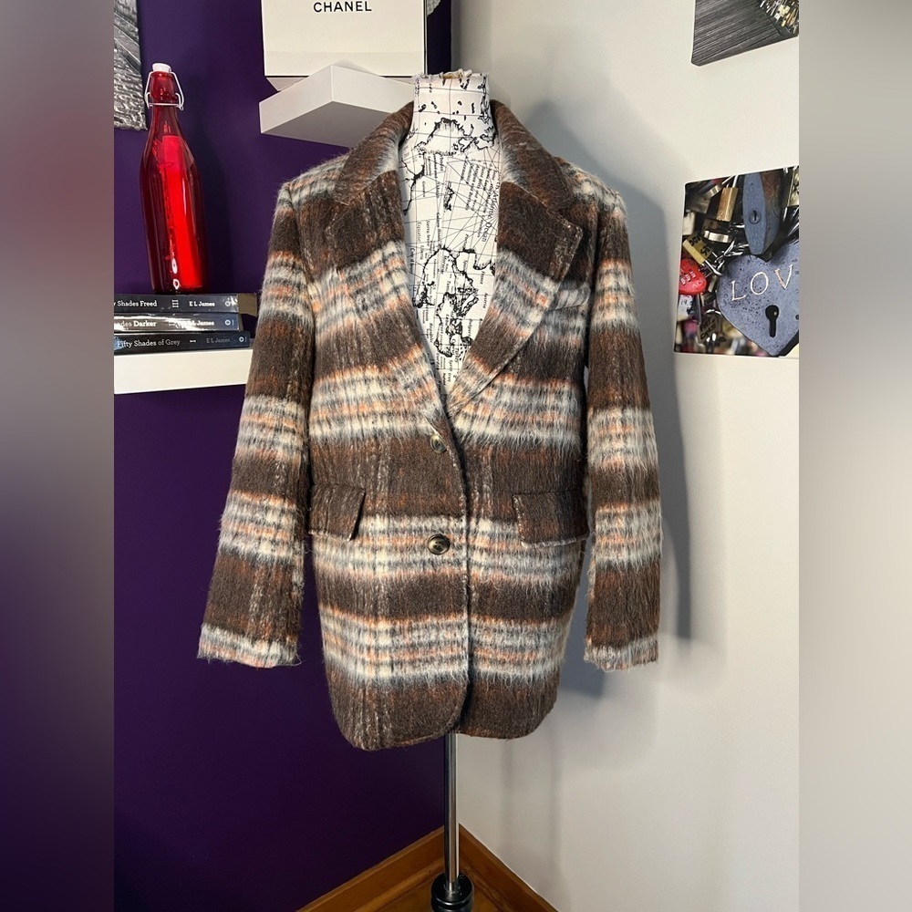 Mauve Anthropologie Brown/Orange Plaid Wool Jacket
